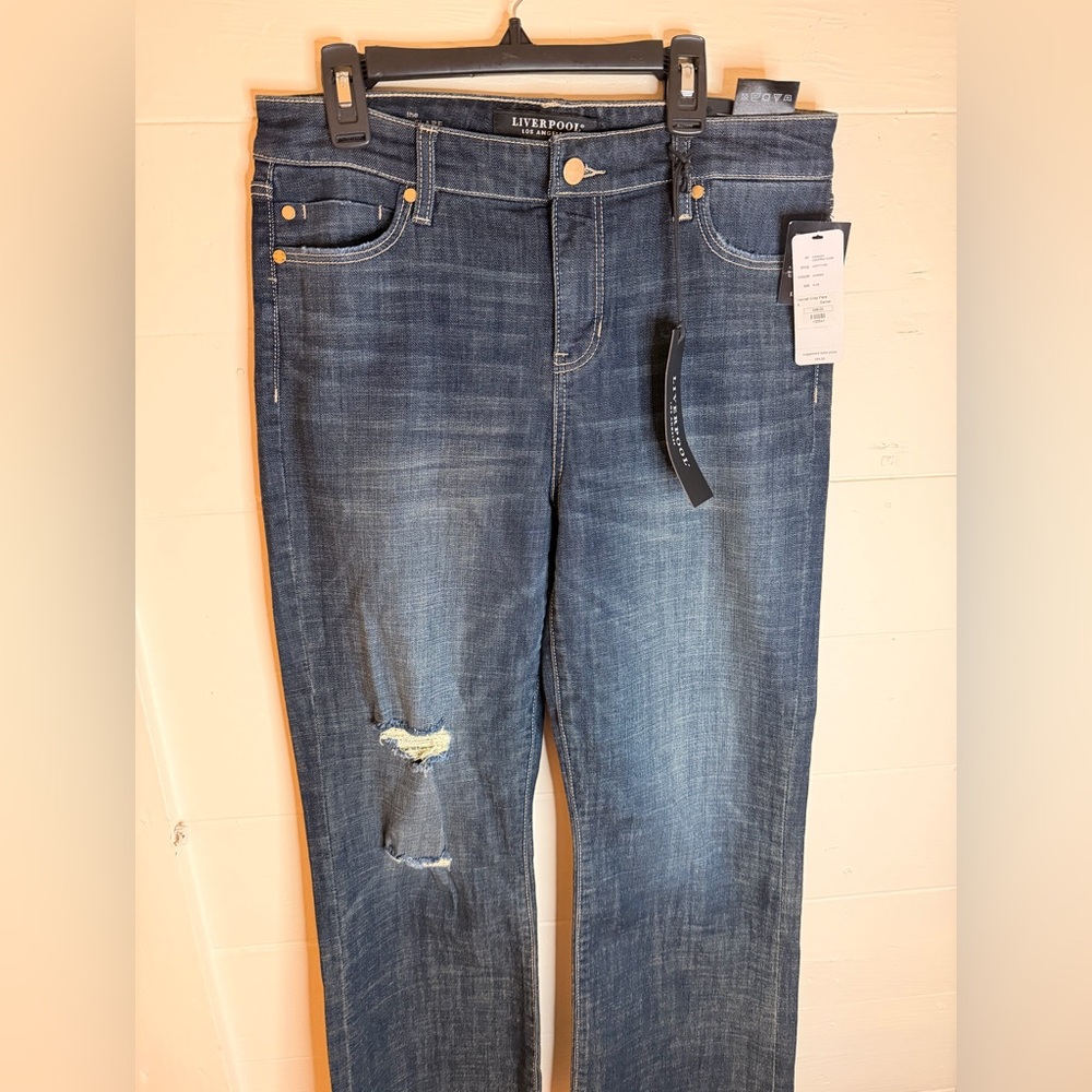 Liverpool Crop Flare Dark Wash Distressed Jeans NWT